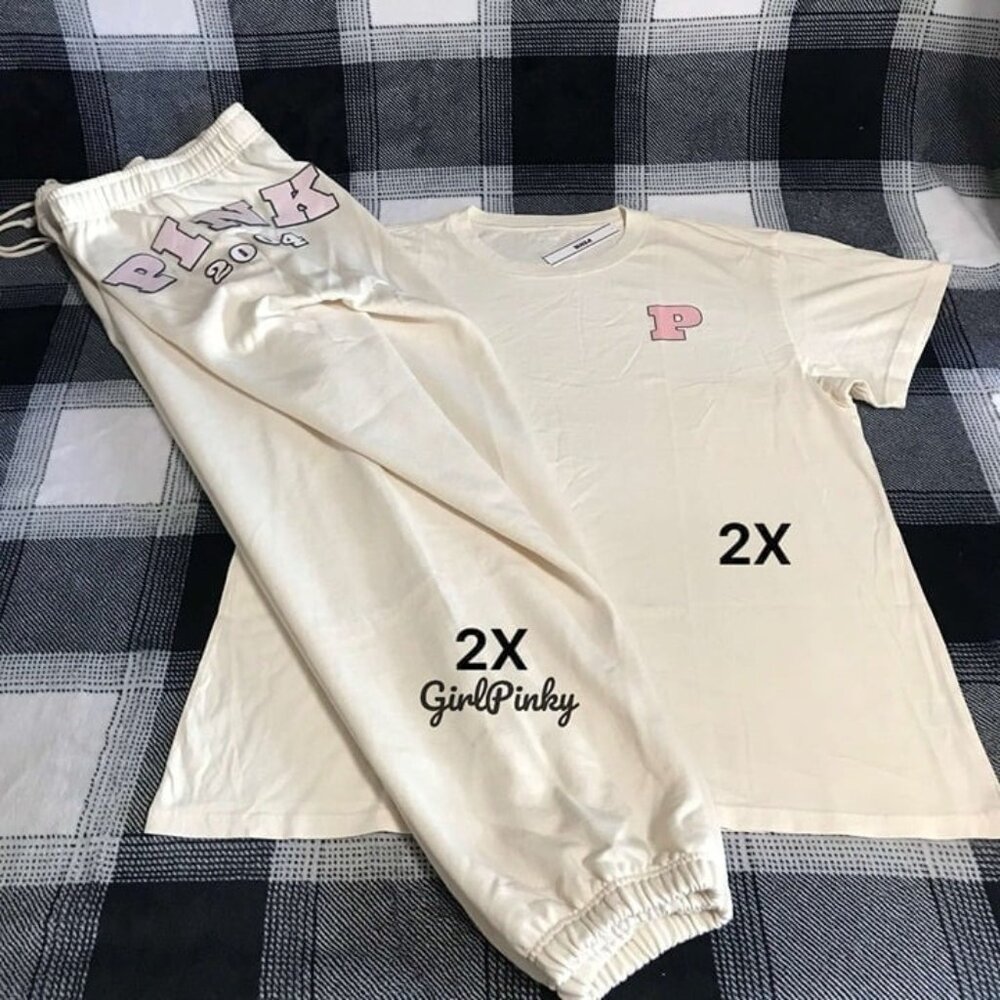VS PINK SWEATPANTS OUTFIT & LOGO TEE IN WHITE SHELL LIMITED EDITION SIZE 2XL